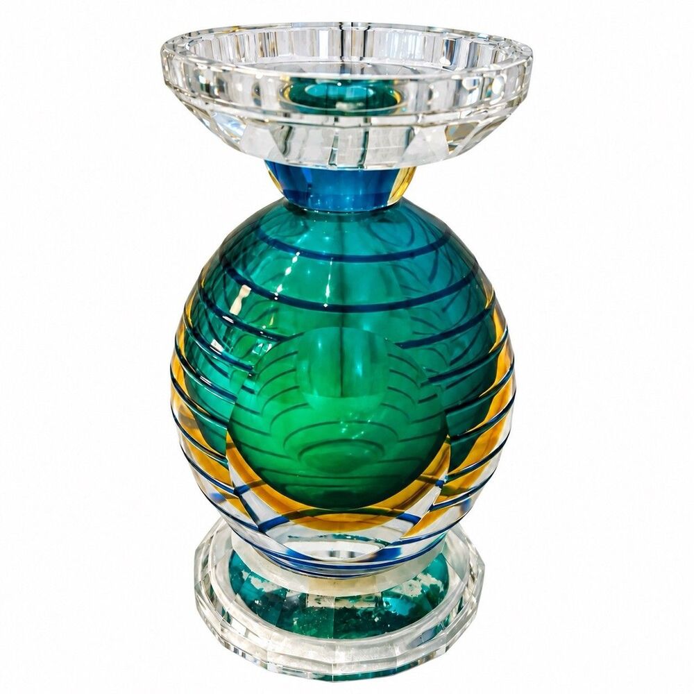 Fifth Avenue Crystal Faceted Green, Blue and Orange Art Glass Candle Holder